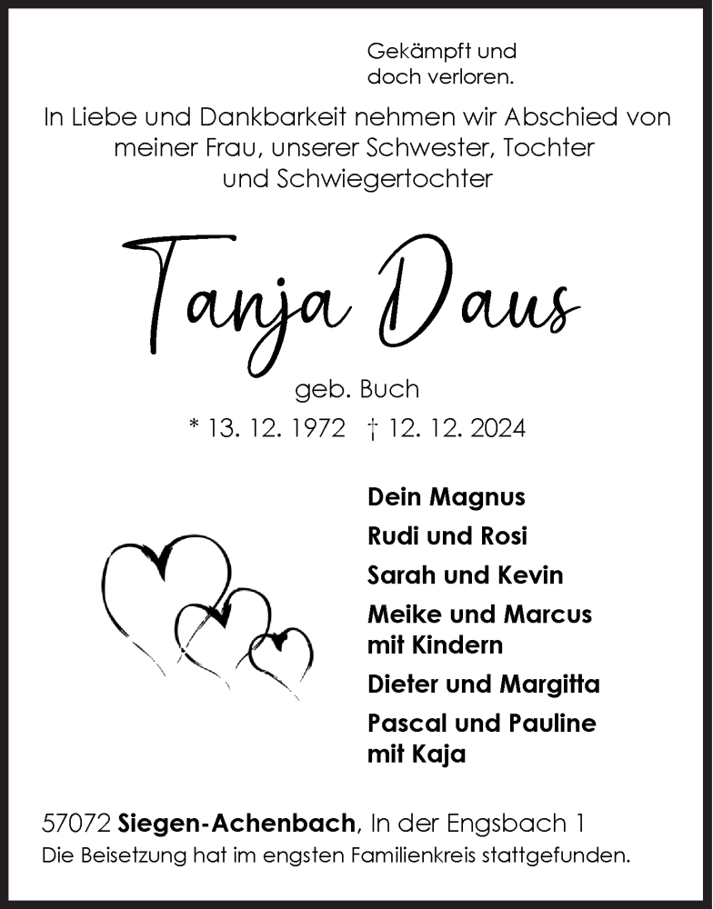  Traueranzeige für Tanja Daus vom 21.12.2024 aus Siegener Zeitung