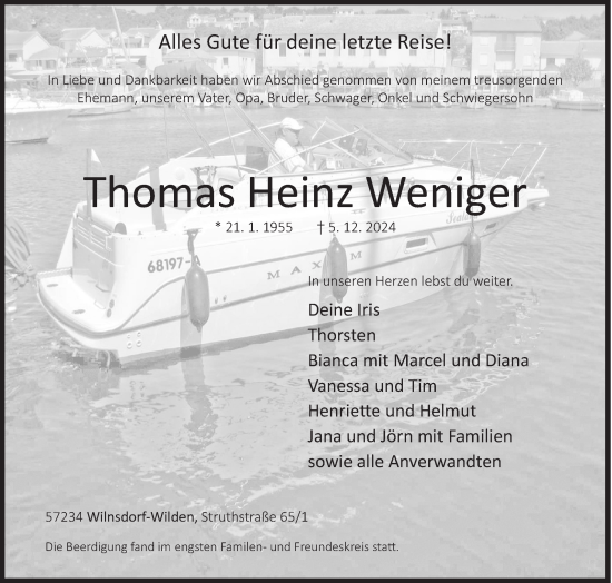 Traueranzeige von Thomas Heinz Weniger von Siegener Zeitung