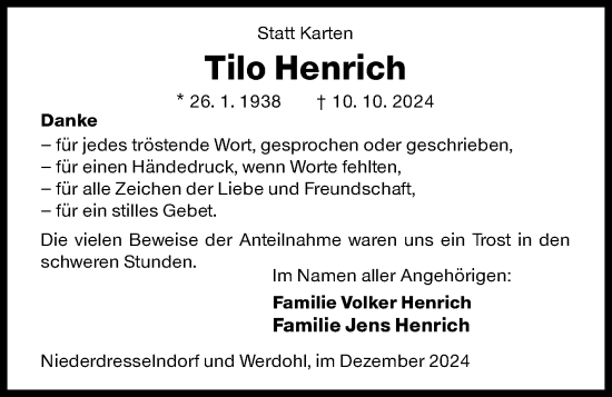 Traueranzeige von Tilo Henrich von Siegener Zeitung