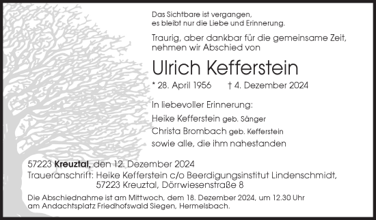Traueranzeige von Ulrich Kefferstein von Siegener Zeitung