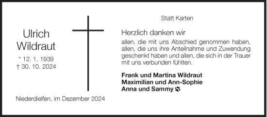 Traueranzeige von Ulrich Wildraut von Siegener Zeitung