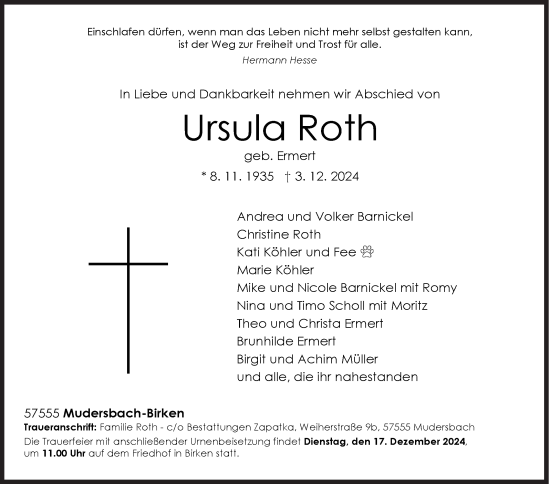 Traueranzeige von Ursula Roth von Siegener Zeitung