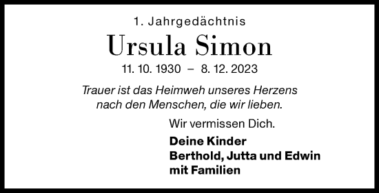 Traueranzeige von Ursula Simon von Siegener Zeitung