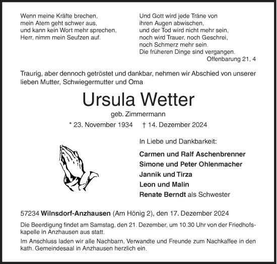 Traueranzeige von Ursula Wetter von Siegener Zeitung