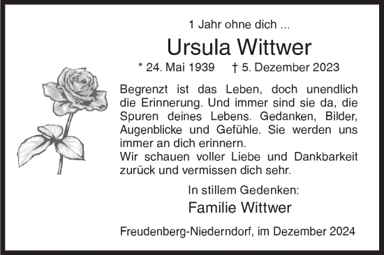 Traueranzeige von Ursula Wittwer von Siegener Zeitung