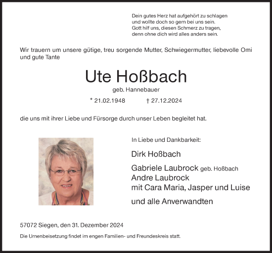 Traueranzeige von Ute Hoßbach von Siegener Zeitung