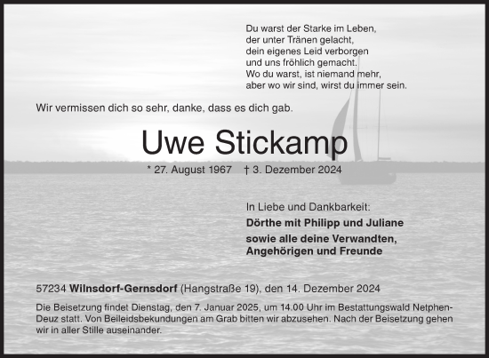 Traueranzeige von Uwe Stickamp von Siegener Zeitung