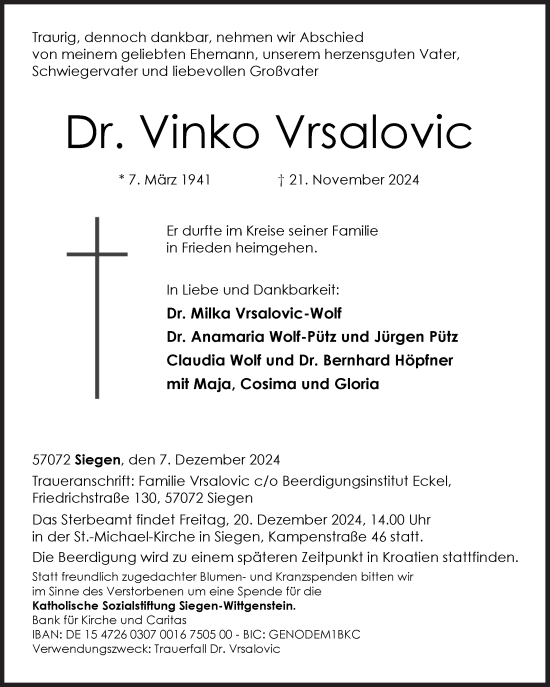 Traueranzeige von Vinko Vrsalovic von Siegener Zeitung