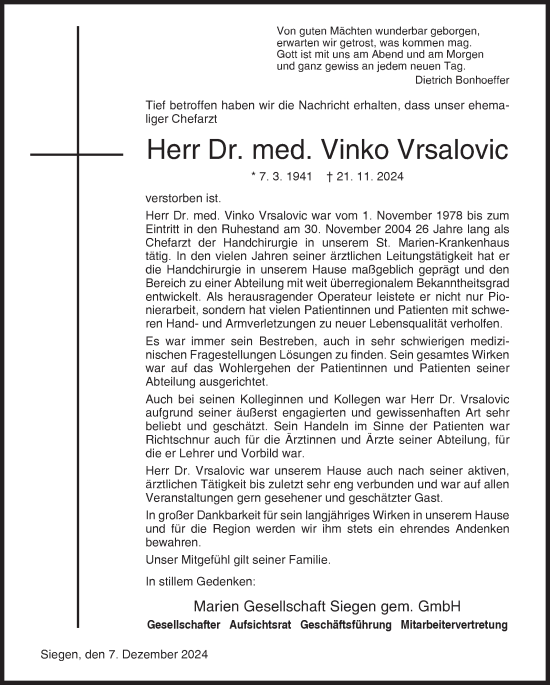 Traueranzeige von Vinko Vrsalovic von Siegener Zeitung