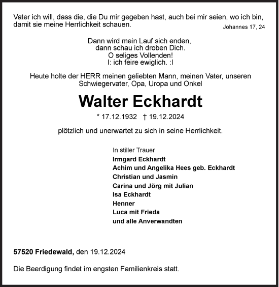 Traueranzeige von Walter Eckhardt von Siegener Zeitung
