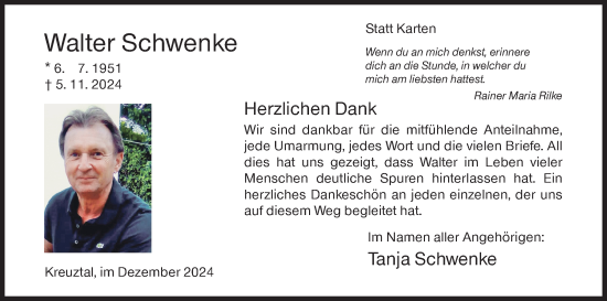 Traueranzeige von Walter Schwenke von Siegener Zeitung