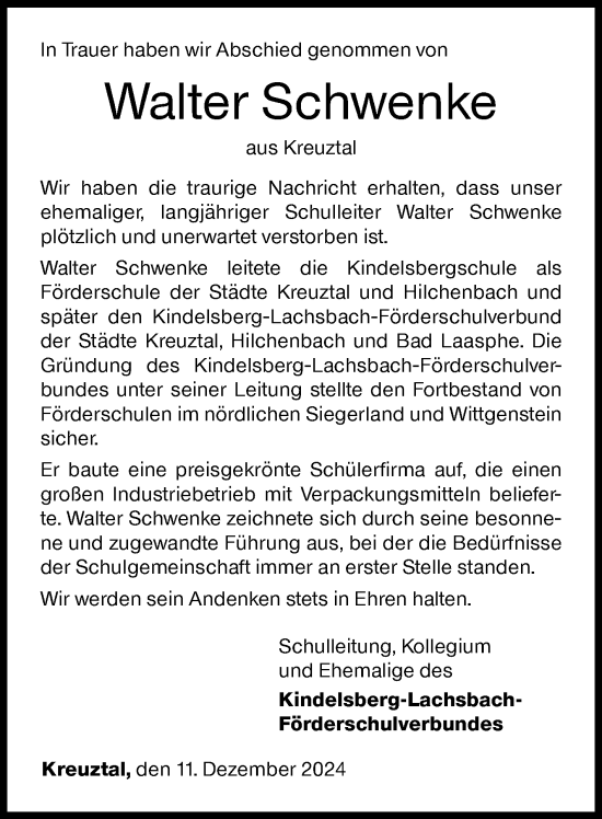 Traueranzeige von Walter Schwenke von Siegener Zeitung