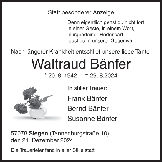 Traueranzeige von Waltraud Bänfer von Siegener Zeitung