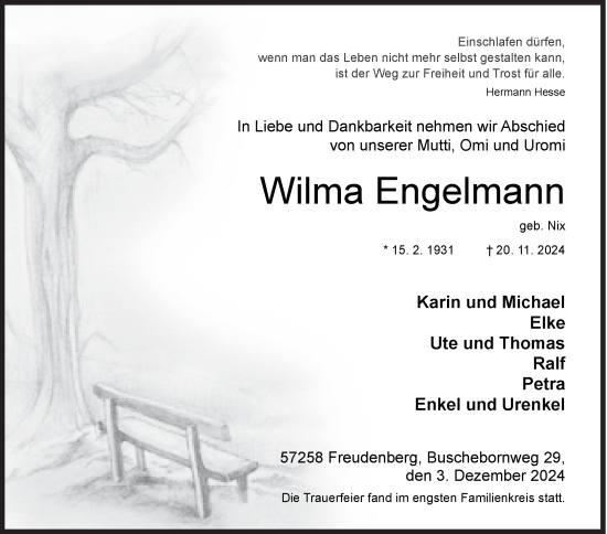 Traueranzeige von Wilma Engelmann von Siegener Zeitung