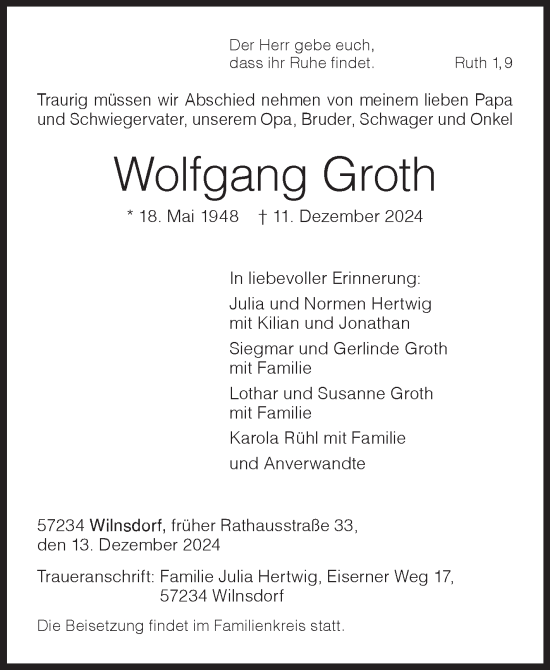Traueranzeige von Wolfgang Groth von Siegener Zeitung