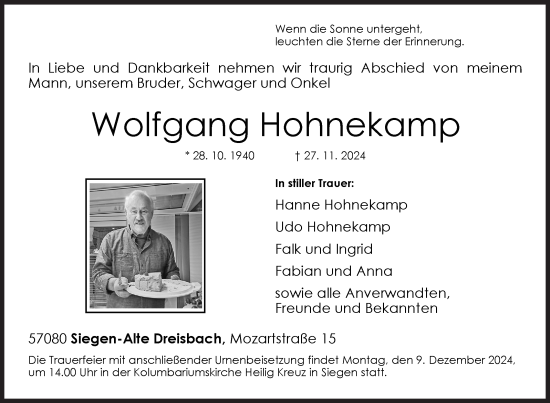 Traueranzeige von Wolfgang Hohnekamp von Siegener Zeitung