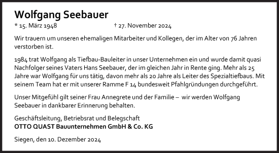 Traueranzeige von Wolfgang Seebauer von Siegener Zeitung