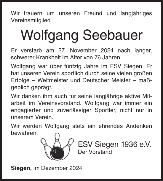 Traueranzeige von Wolfgang Seebauer von Siegener Zeitung