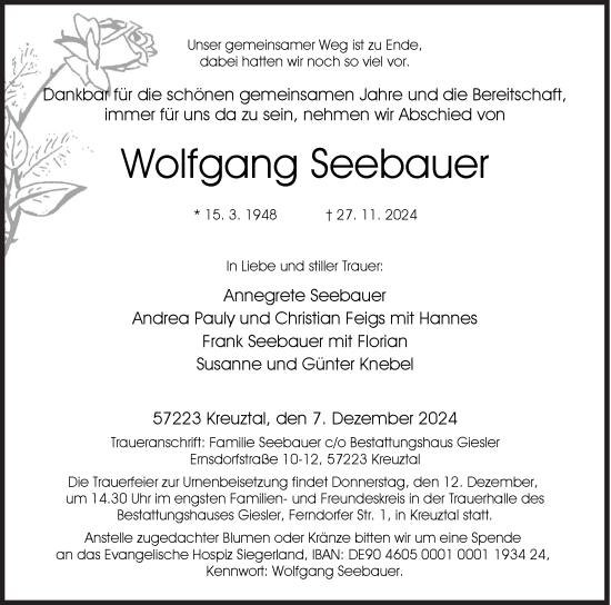 Traueranzeige von Wolfgang Seebauer von Siegener Zeitung