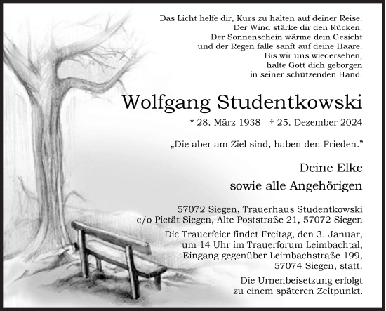 Traueranzeige von Wolfgang Studentkowski von Siegener Zeitung
