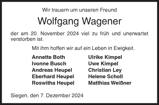 Traueranzeige von Wolfgang Wagener von Siegener Zeitung