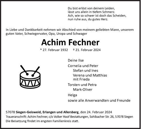 Traueranzeige von Achim Fechner von Siegener Zeitung