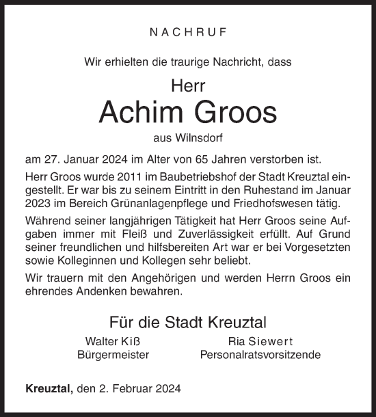 Traueranzeige von Achim Groos von Siegener Zeitung
