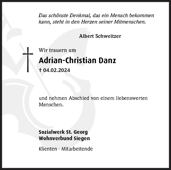 Traueranzeige von Adrian-Christian Danz von Siegener Zeitung