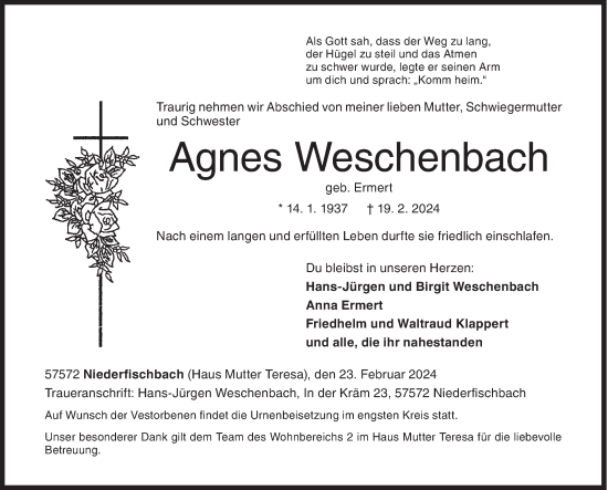 Traueranzeige von Agnes Weschenbach von Siegener Zeitung