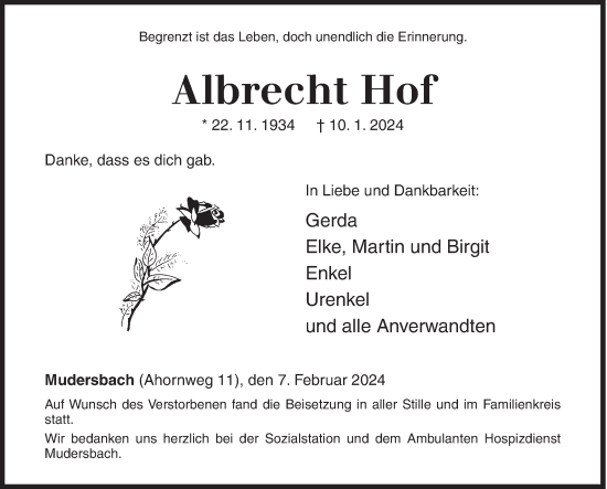 Traueranzeige von Albrecht Hof von Siegener Zeitung