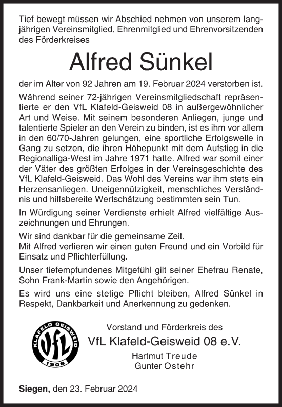 Traueranzeige von Alfred Sünkel von Siegener Zeitung