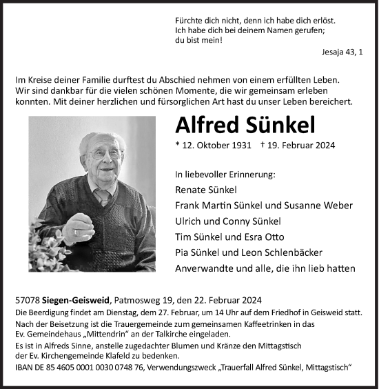 Traueranzeige von Alfred Sünkel von Siegener Zeitung