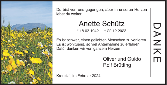 Traueranzeige von Anette Schütz von Siegener Zeitung