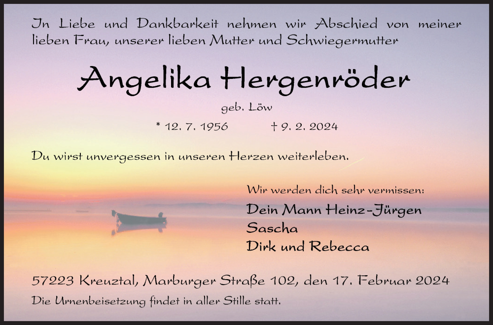  Traueranzeige für Angelika Hergenröder vom 17.02.2024 aus Siegener Zeitung