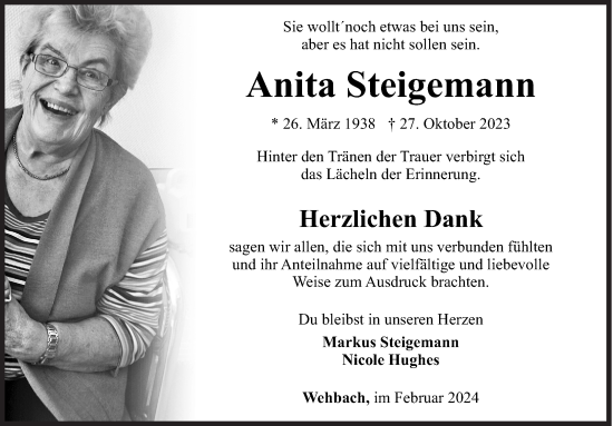 Traueranzeige von Anita Steigemann von Siegener Zeitung