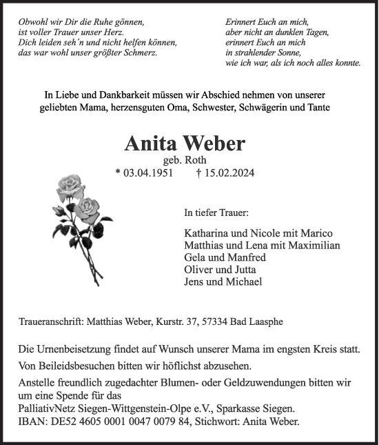 Traueranzeige von Anita Weber von Siegener Zeitung