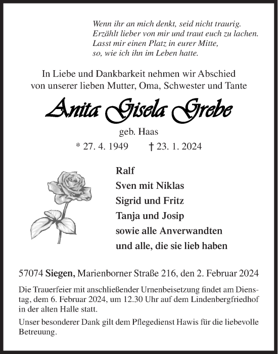 Traueranzeige von Anita Gisela Grebe von Siegener Zeitung