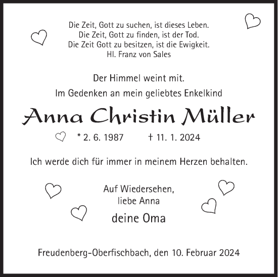Traueranzeige von Anna Christin Müller von Siegener Zeitung