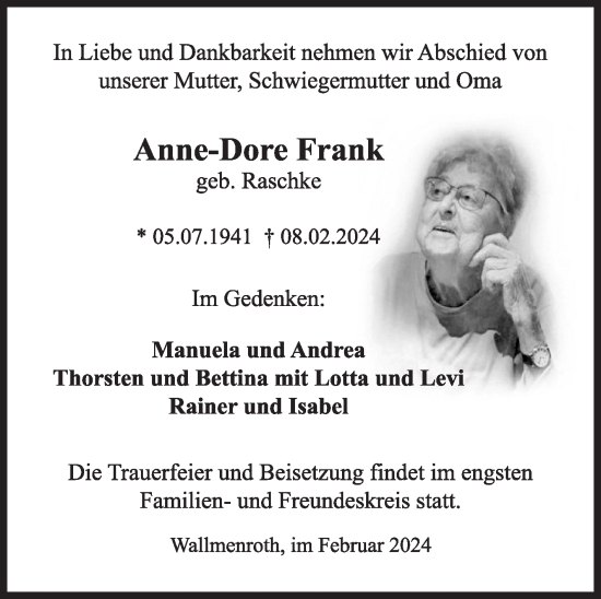 Traueranzeige von Anne-Dore Frank von Siegener Zeitung