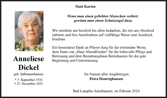 Traueranzeige von Anneliese Dickel von Siegener Zeitung