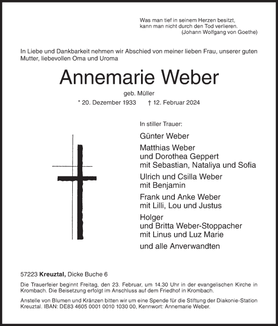 Traueranzeige von Annemarie Weber von Siegener Zeitung