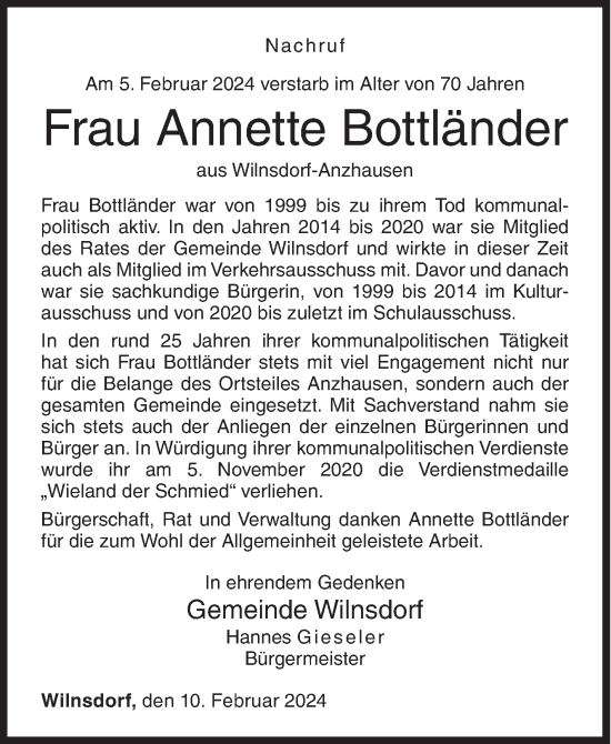 Traueranzeige von Annette Bottländer von Siegener Zeitung