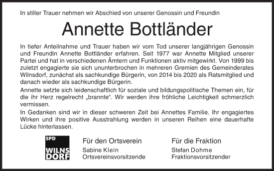 Traueranzeige von Annette Bottländer von Siegener Zeitung