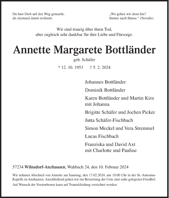 Traueranzeige von Annette Margarete Bottländer von Siegener Zeitung