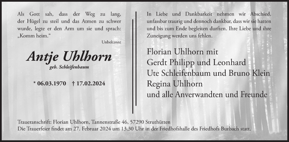  Traueranzeige für Antje Uhlhorn vom 21.02.2024 aus Siegener Zeitung