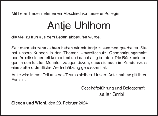 Traueranzeige von Antje Uhlhorn von Siegener Zeitung