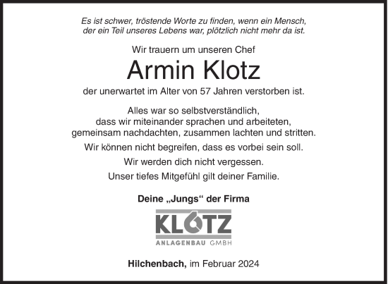 Traueranzeige von Armin Klotz von Siegener Zeitung