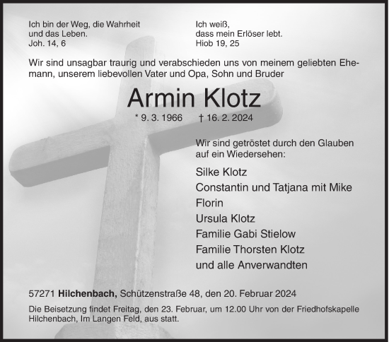 Traueranzeige von Armin Klotz von Siegener Zeitung