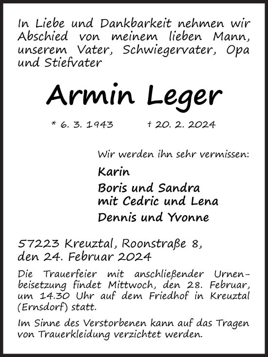 Traueranzeige von Armin Leger von Siegener Zeitung