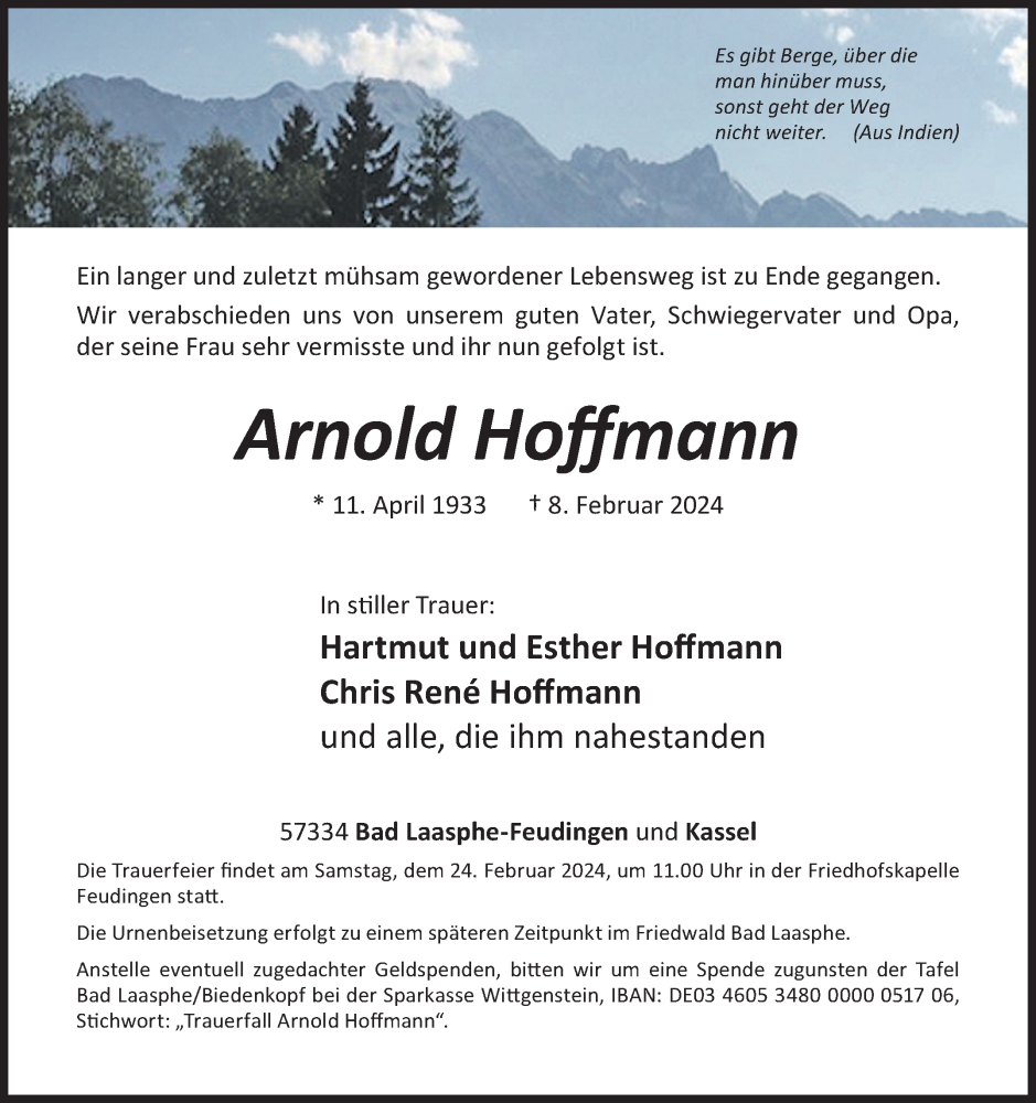  Traueranzeige für Arnold Hoffmann vom 17.02.2024 aus Siegener Zeitung